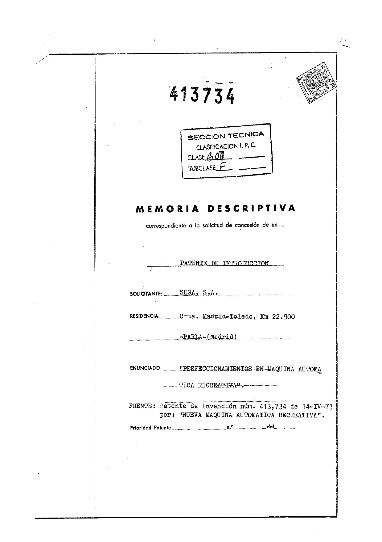 Página de la patente 413734 de Segasa. Imagen: Martín f. Martorell.
