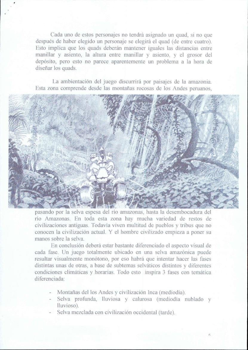 Página del documento del proyecto «QUAD carrera de supervivencia» con la descripción inicial de la ambientación y escenarios. Imagen: Gaelco.