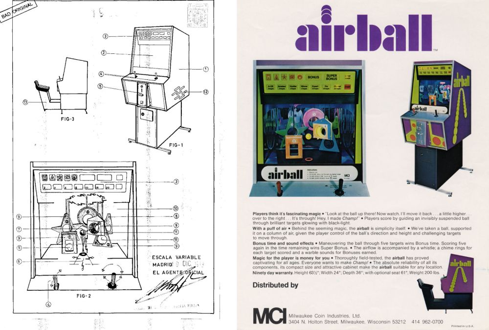 Bola voladora (SEGA SA, izquierda) corresponde a la curiosa máquina Airball (MCI, derecha). Composición: Recreativas.org.