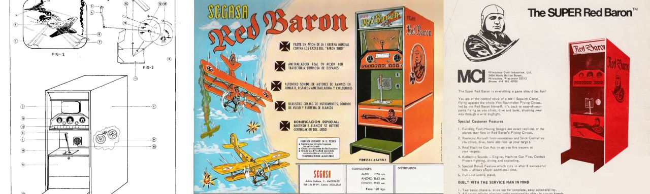 Caza de combate (SEGA SA, izquierda) corresponde a Red Baron (centro), otra máquina de MCI (derecha). Composición: Recreativas.org.