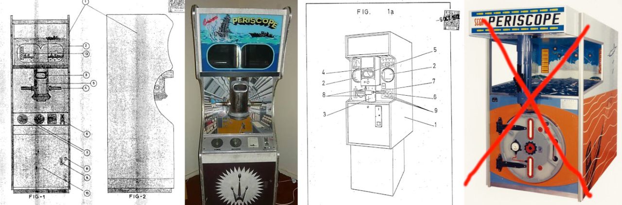 Mini-periscopio (SEGA SA, izquierda) corresponde a Periscope (Crown/Taito, segunda imagen). Hubo otra solicitud similar de SEGA SA (tercera imagen). Composición: Recreativas.org.