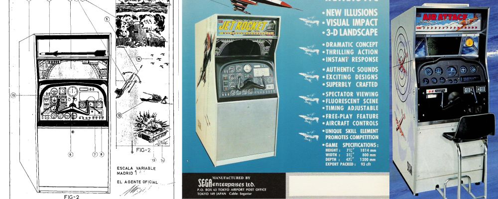 Ataque aéreo (SEGA SA, izquierda) corresponde con el modelo Jet Rocket (Sega, centro). El modelo Air Attack (SEGA, derecha) correspondía a un modelo posterior de 1972. Composición: Recreativas.org.