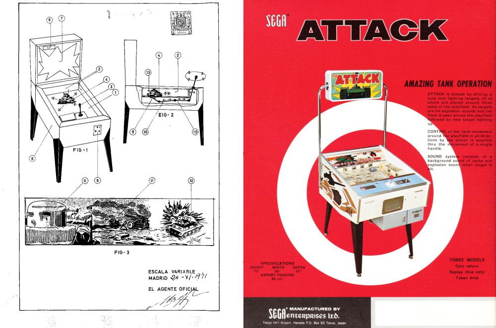 Attack de Sega SA con frontal estilo «pinball» frente al diseño original de Sega Japón. Imagen: Recreativas.org.